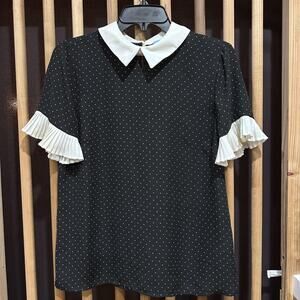 CeCe Shirt Womens Small Black White Polka Dot Peter Pan Collar Ruffle Sleeve